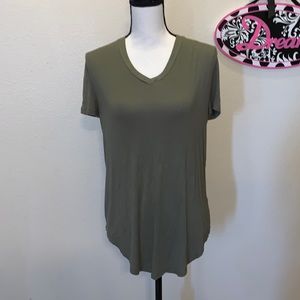 The Hanger army green stretchy v-neck short sleeve shirt